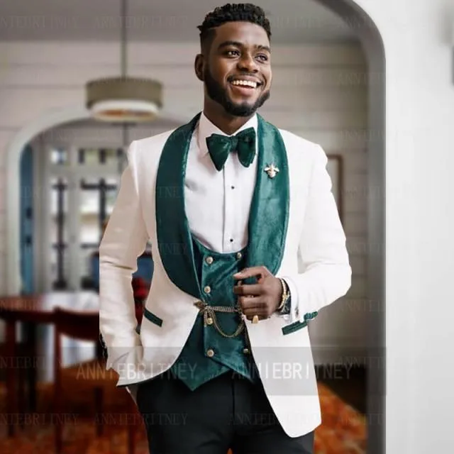 2020 Fashion Lattice Men's Suit Slim Fit Prom Wedding Suits for Men Groom Tuxedo Jacket Pants Set Custom White Casual Men Blazer