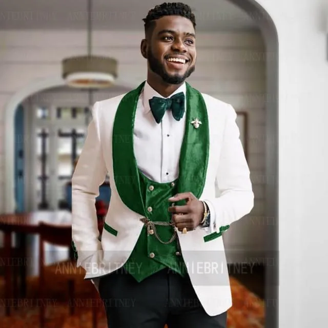 2020 Fashion Lattice Men's Suit Slim Fit Prom Wedding Suits for Men Groom Tuxedo Jacket Pants Set Custom White Casual Men Blazer