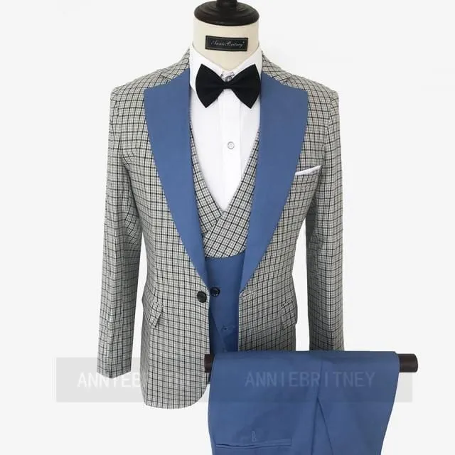 2020 Fashion Lattice Men's Suit Slim Fit Prom Wedding Suits for Men Groom Tuxedo Jacket Pants Set Custom White Casual Men Blazer