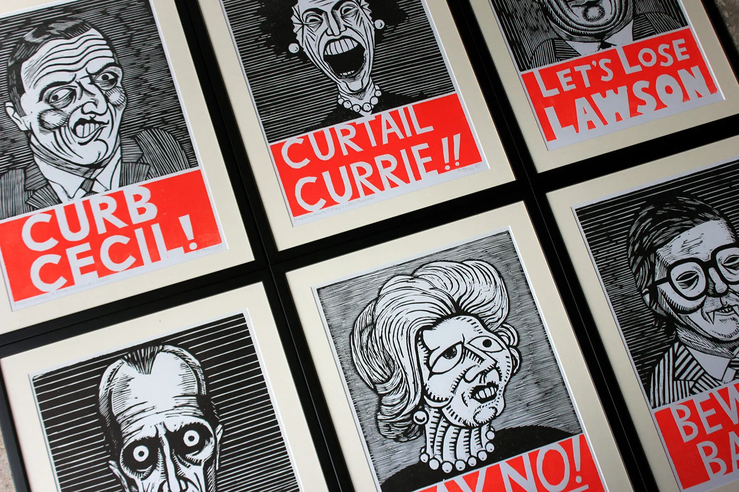 A Humorous Group of Six Framed English Political Satire Woodblock Print Posters c.1987