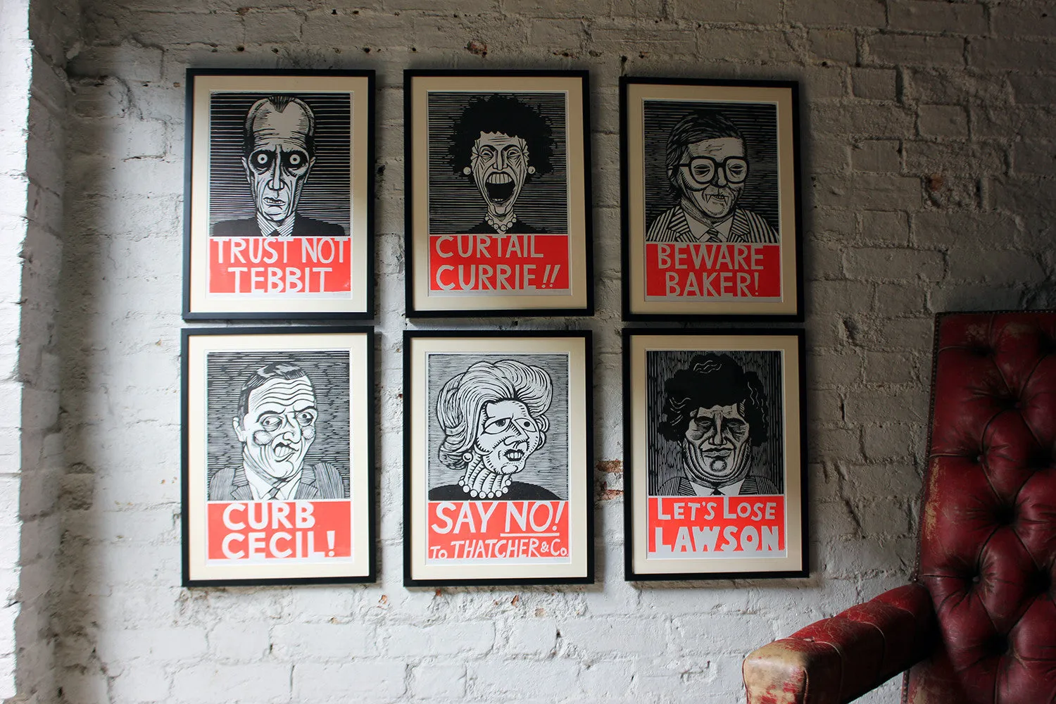 A Humorous Group of Six Framed English Political Satire Woodblock Print Posters c.1987