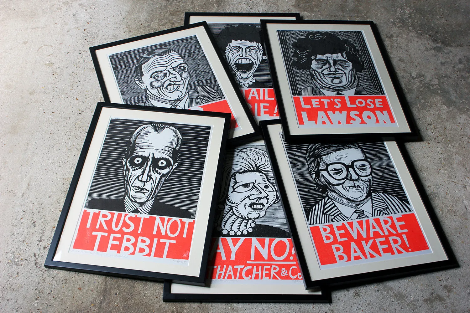 A Humorous Group of Six Framed English Political Satire Woodblock Print Posters c.1987