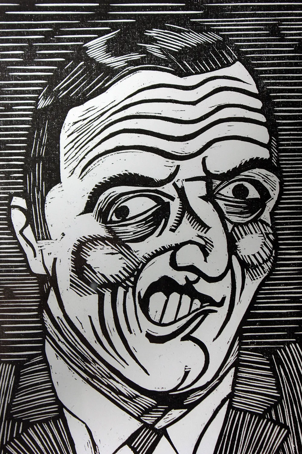 A Humorous Group of Six Framed English Political Satire Woodblock Print Posters c.1987