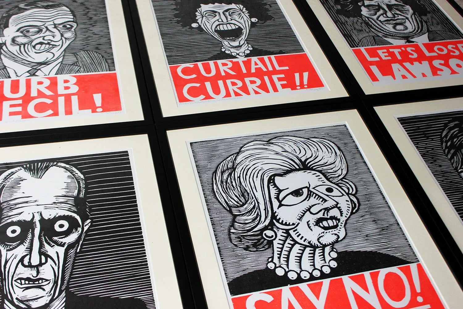 A Humorous Group of Six Framed English Political Satire Woodblock Print Posters c.1987
