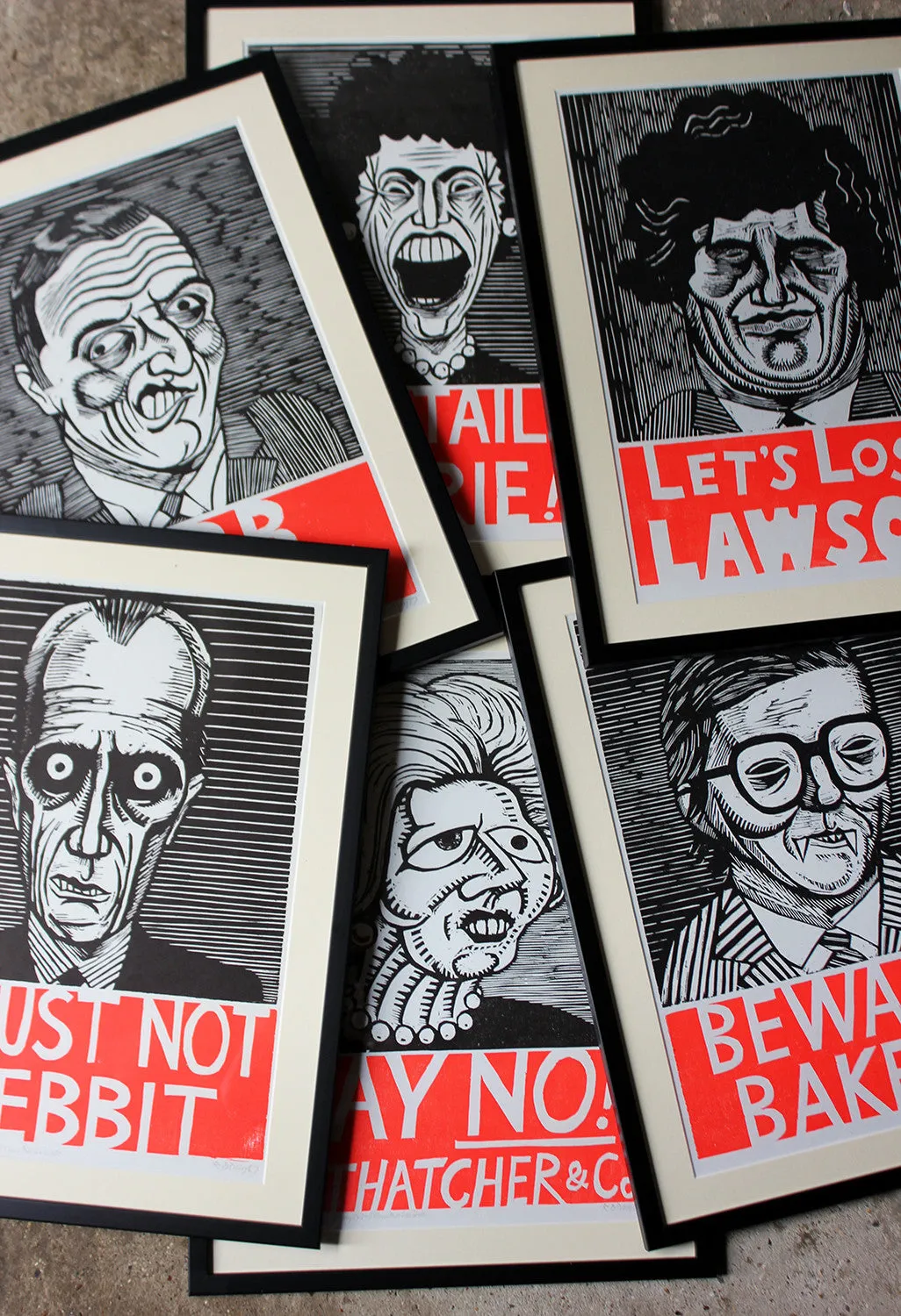 A Humorous Group of Six Framed English Political Satire Woodblock Print Posters c.1987