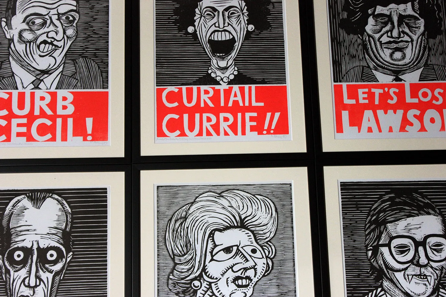 A Humorous Group of Six Framed English Political Satire Woodblock Print Posters c.1987