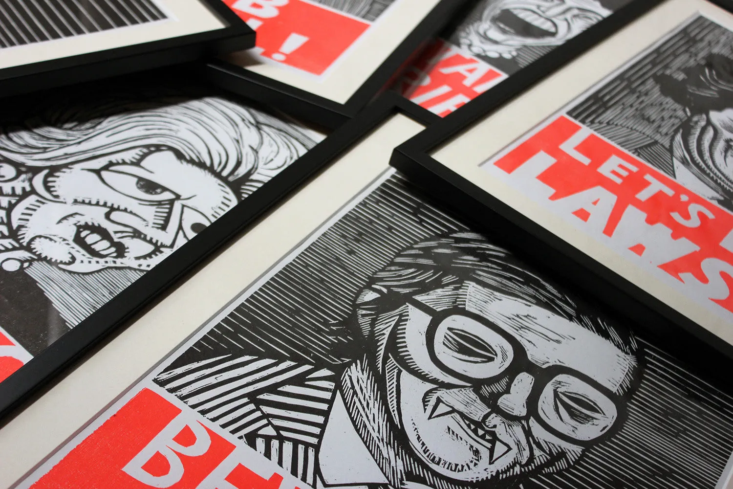 A Humorous Group of Six Framed English Political Satire Woodblock Print Posters c.1987