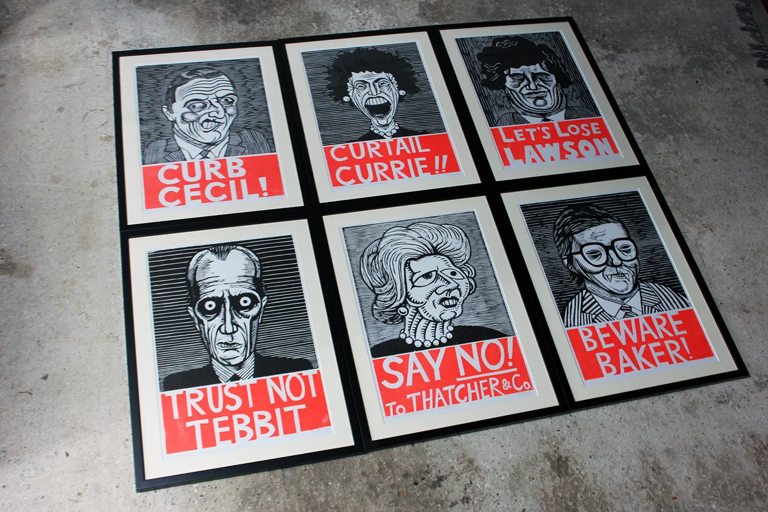 A Humorous Group of Six Framed English Political Satire Woodblock Print Posters c.1987