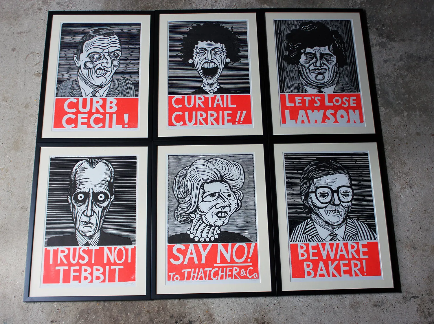 A Humorous Group of Six Framed English Political Satire Woodblock Print Posters c.1987