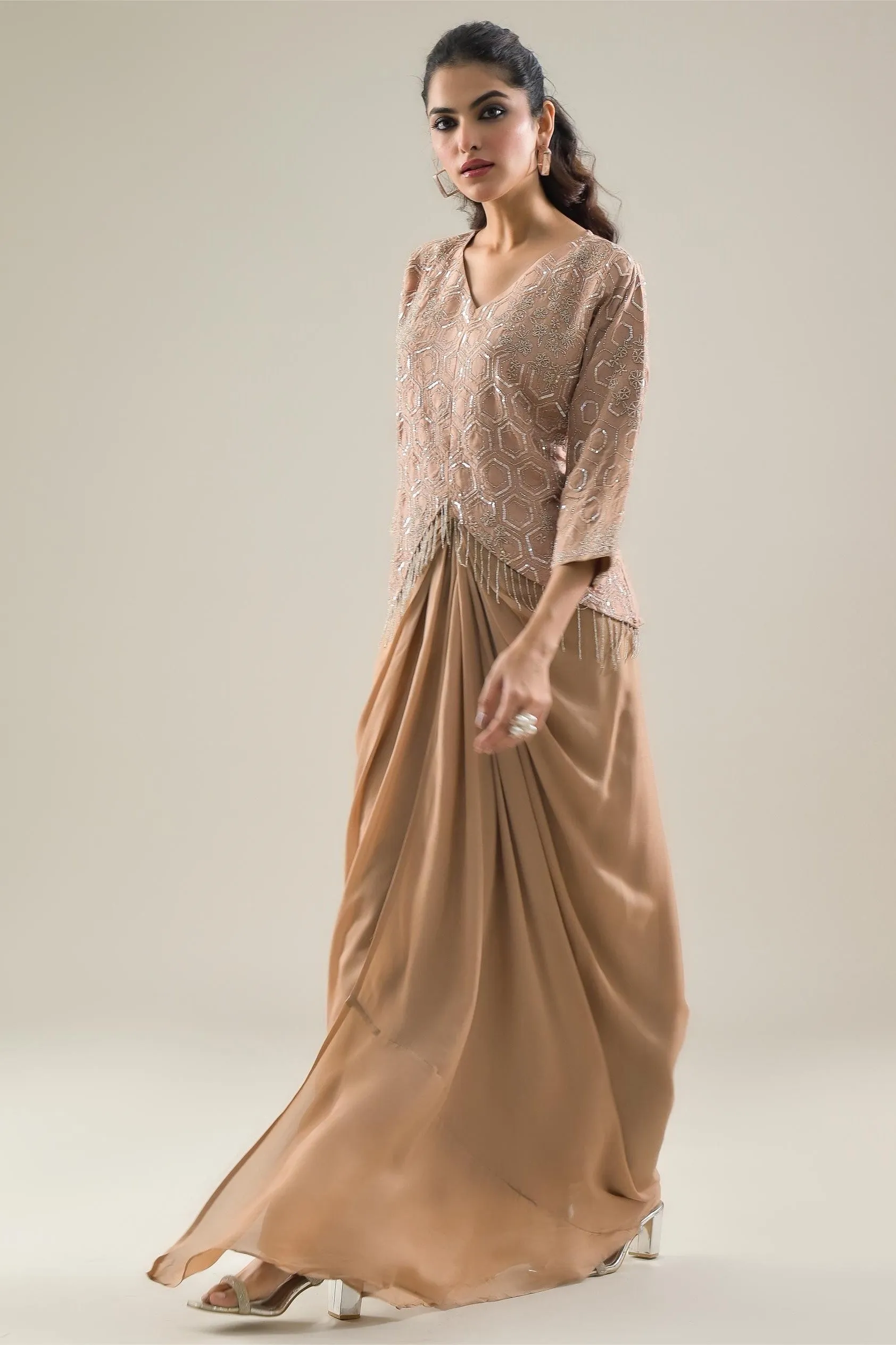 Beige Embellished Raw Silk Top & Skirt Set