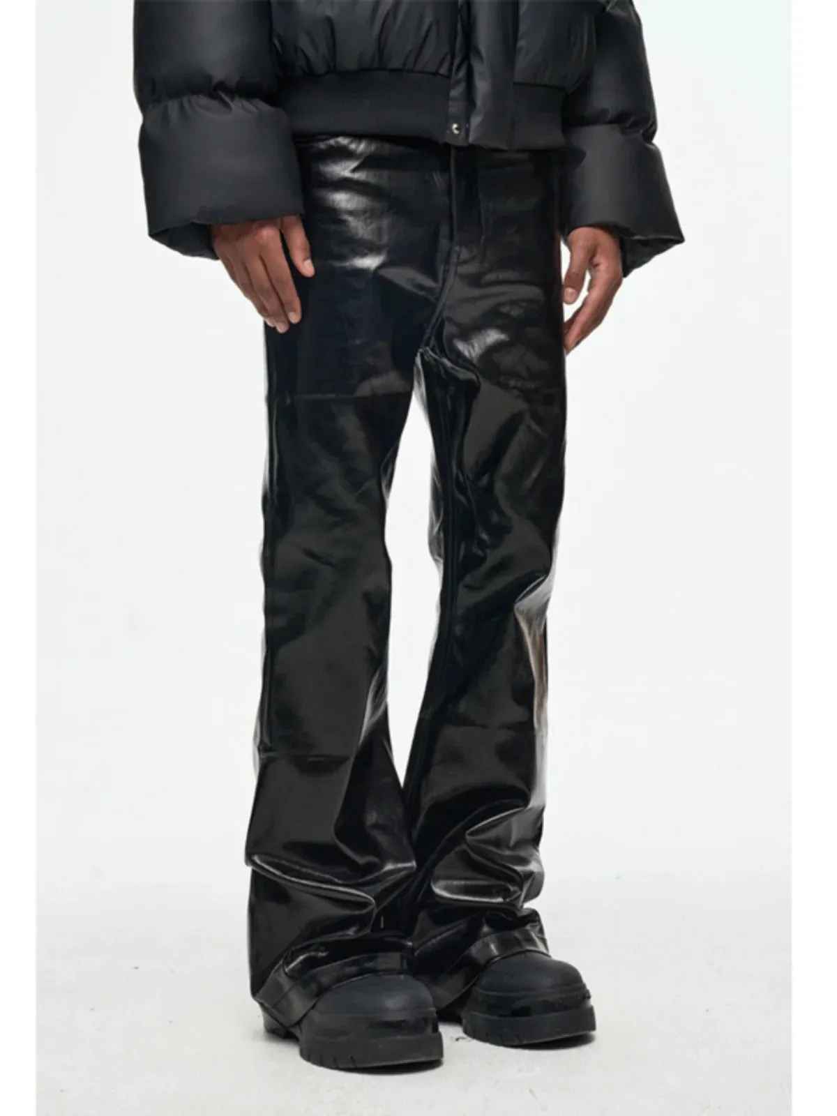 Black Glossy Patent Leather Micro-lapped Jeans Streetwear Tactical Pants