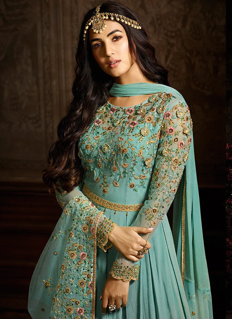 Blue Golden Floral Plaited Anarkali Suit