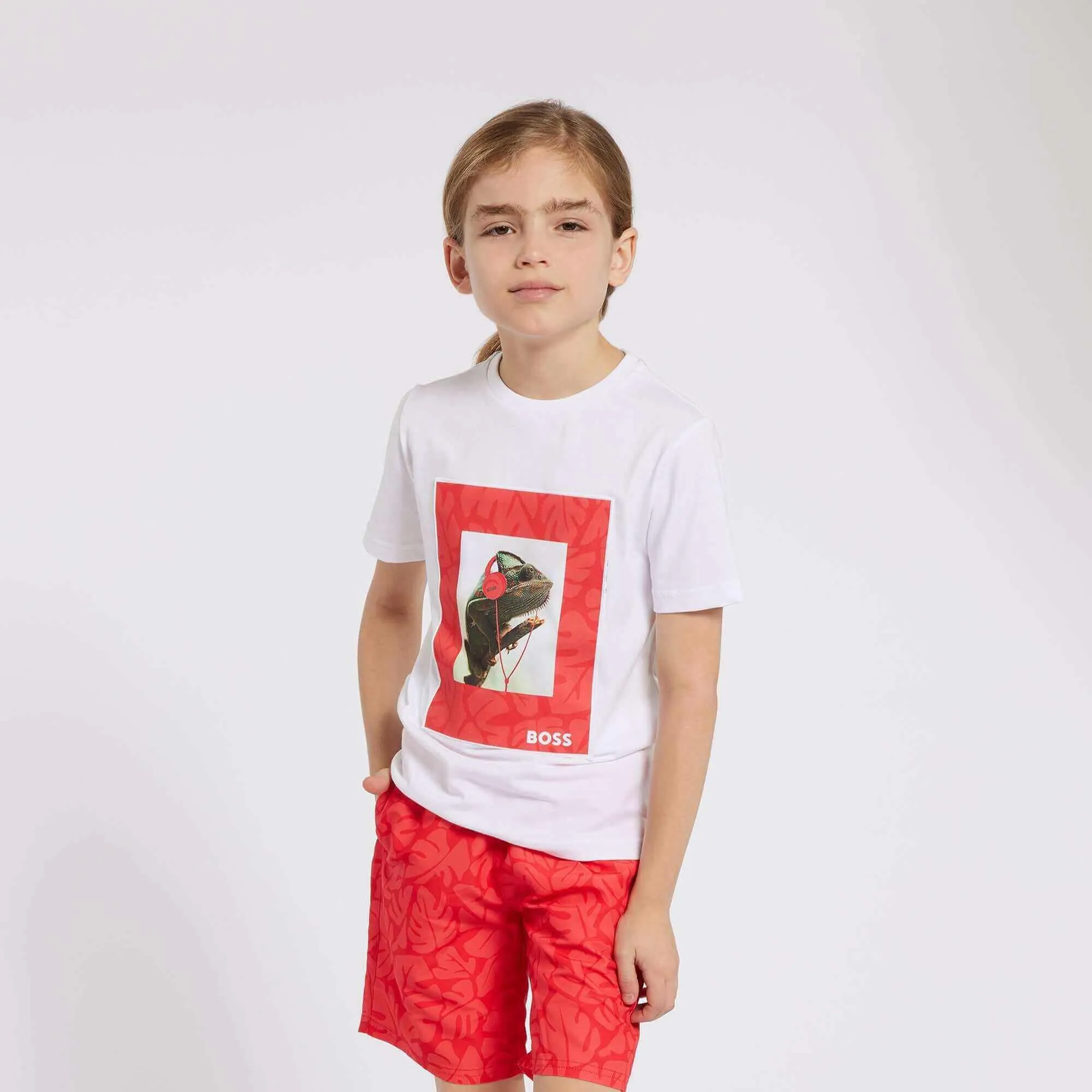 Boys Red Leaf Print Swimming Shorts