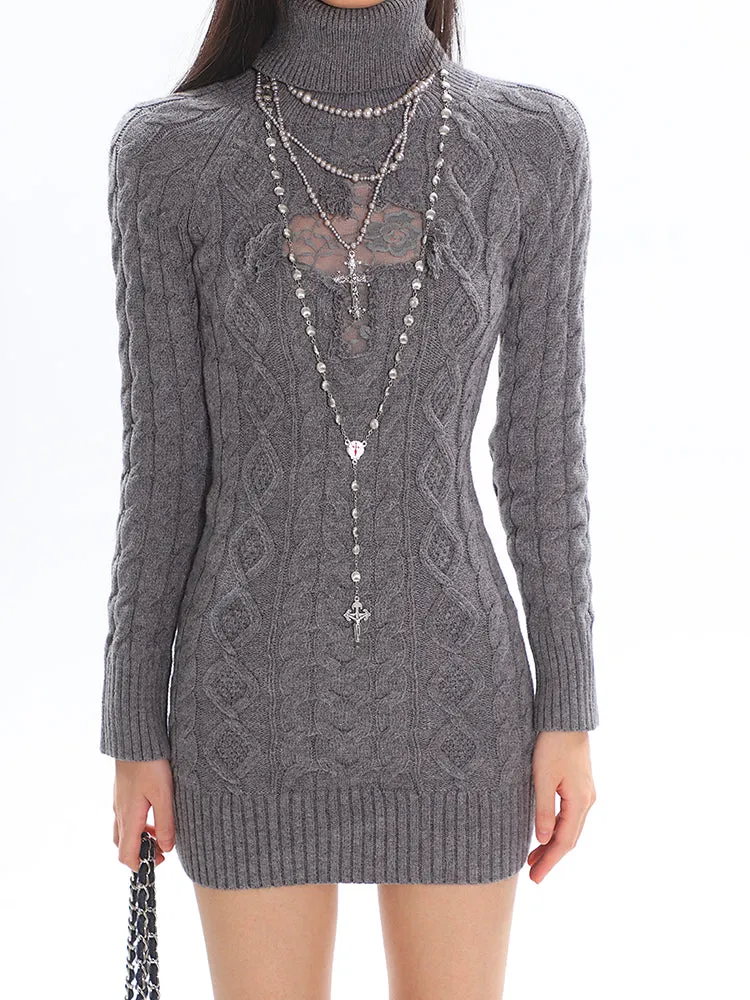 Cable Knit Turtleneck Dress with Cross Mesh Lace Detail
