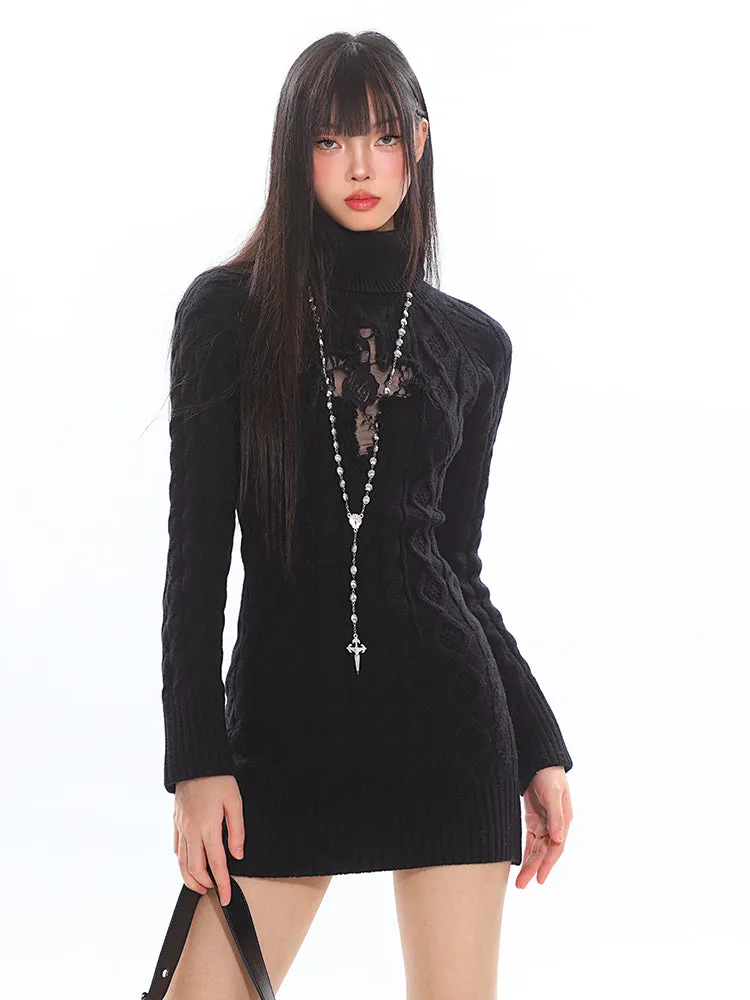 Cable Knit Turtleneck Dress with Cross Mesh Lace Detail