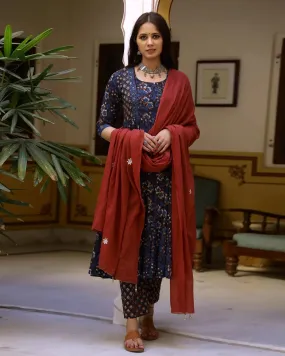 Cotton Blue Bagru Print Anarkali Suit Set with Red Mulmul Dupatta