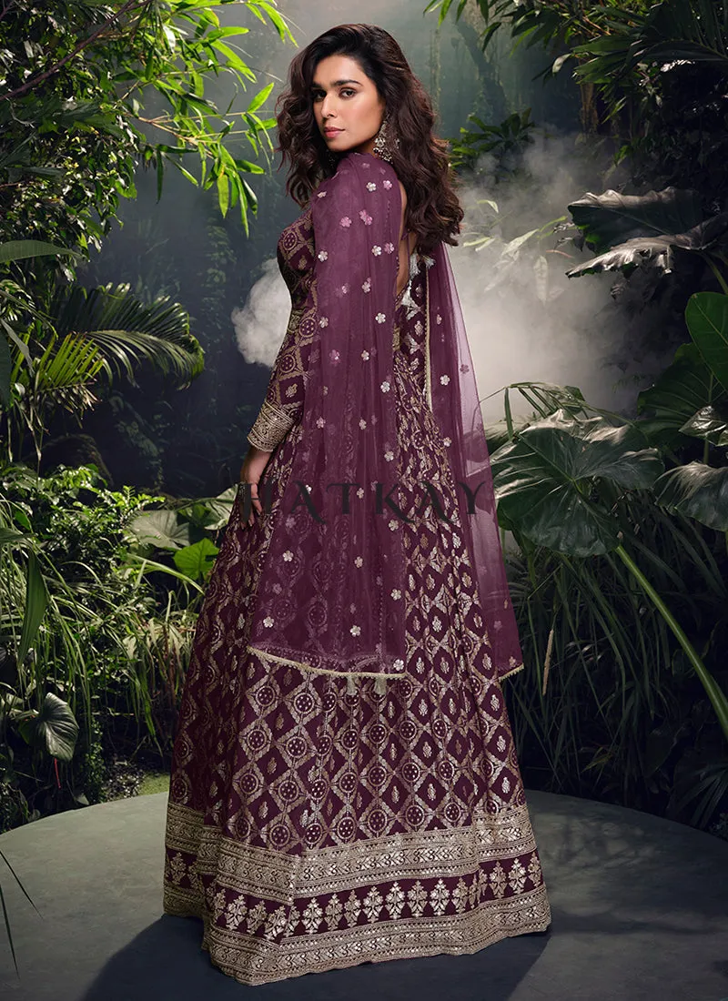 Deep Wine Traditional Silk Anarkali Suit