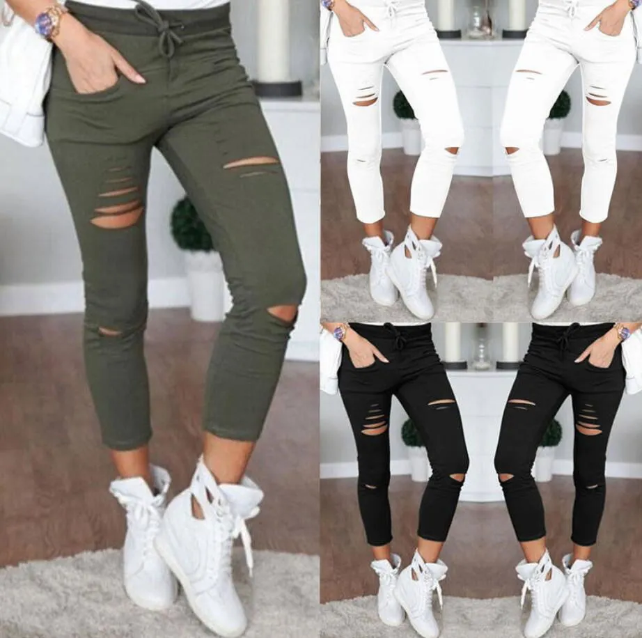 Destroyed Ripped Knees Ankle Length Pencil Denim Jeans