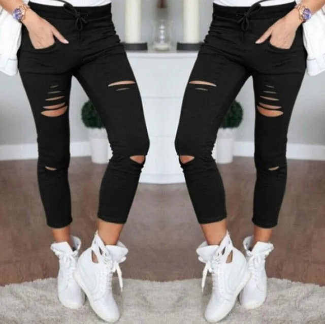 Destroyed Ripped Knees Ankle Length Pencil Denim Jeans