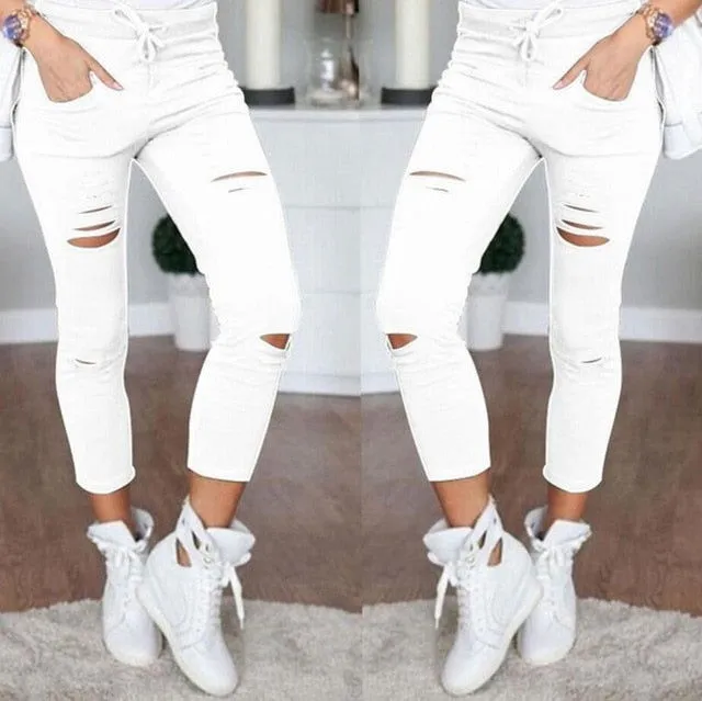 Destroyed Ripped Knees Ankle Length Pencil Denim Jeans