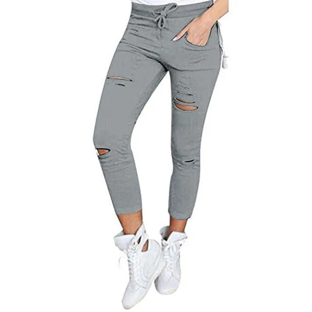 Destroyed Ripped Knees Ankle Length Pencil Denim Jeans