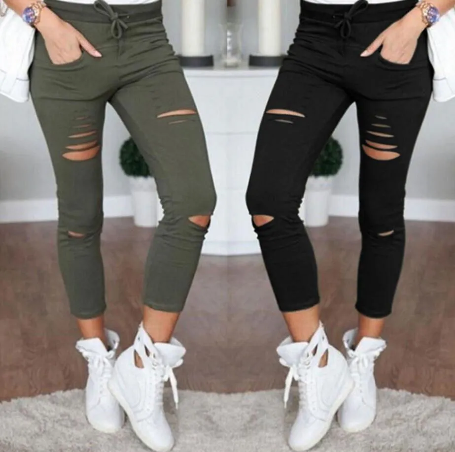 Destroyed Ripped Knees Ankle Length Pencil Denim Jeans