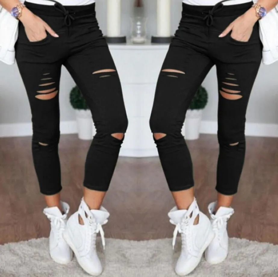 Destroyed Ripped Knees Ankle Length Pencil Denim Jeans