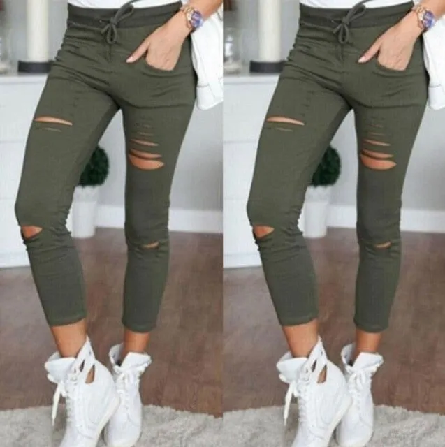 Destroyed Ripped Knees Ankle Length Pencil Denim Jeans