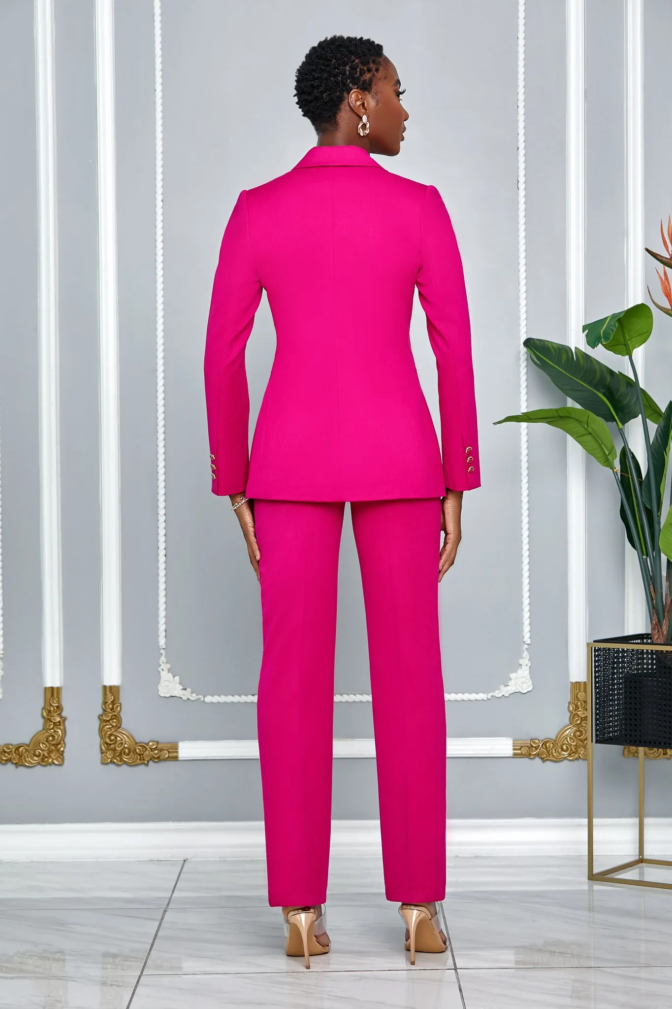 DOUBLE BREASTED BLAZER & PANTS SUIT SET (FUCHSIA)