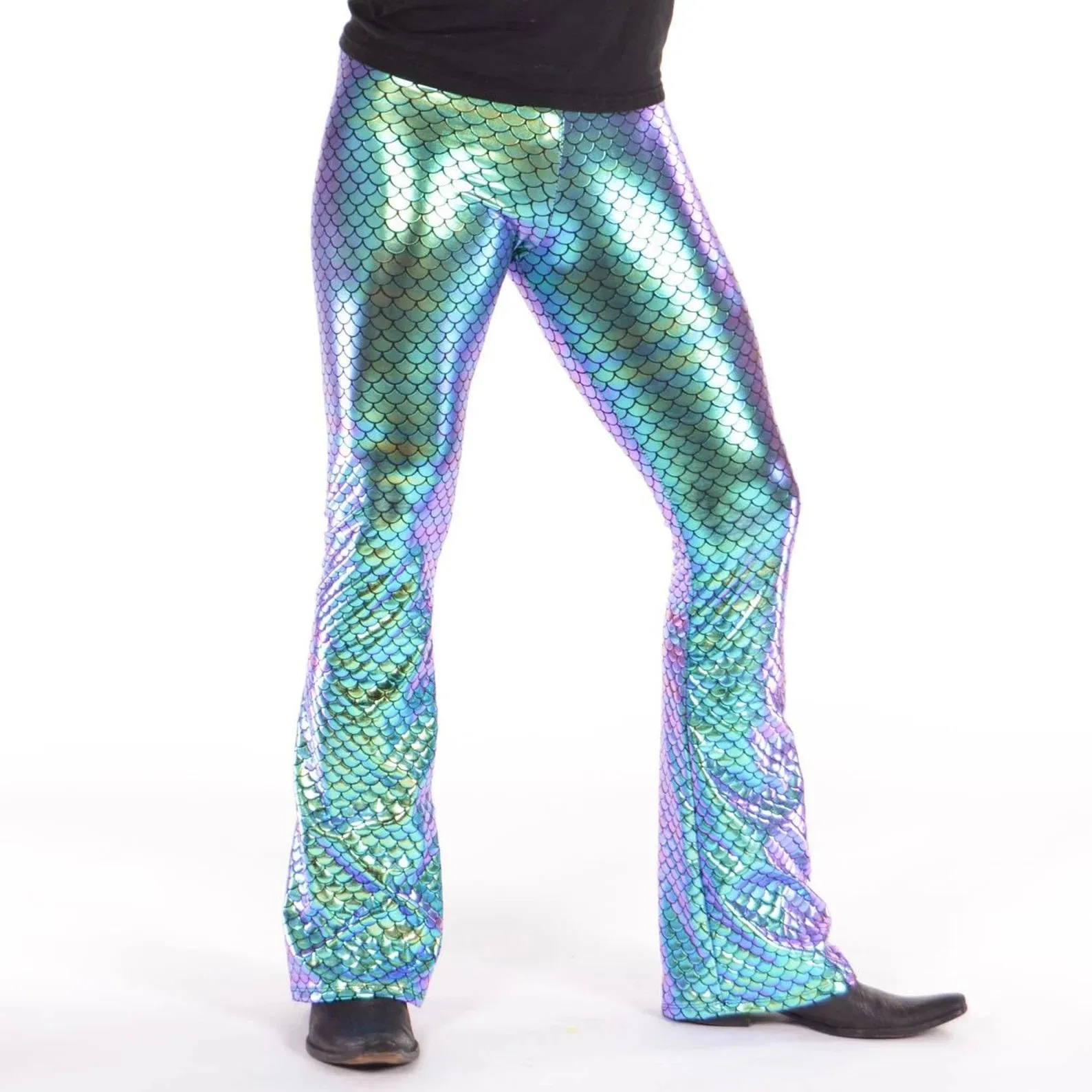 Fish Green Mermaid: Mens Holographic Green-Gold-Purple Merman Flared Pants - Aqua Merman Costume Flares