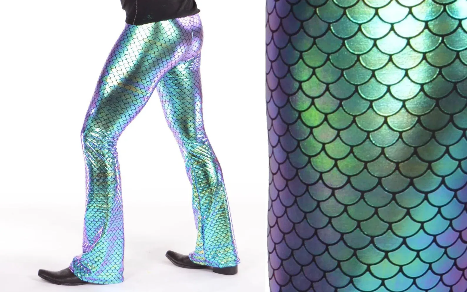 Fish Green Mermaid: Mens Holographic Green-Gold-Purple Merman Flared Pants - Aqua Merman Costume Flares