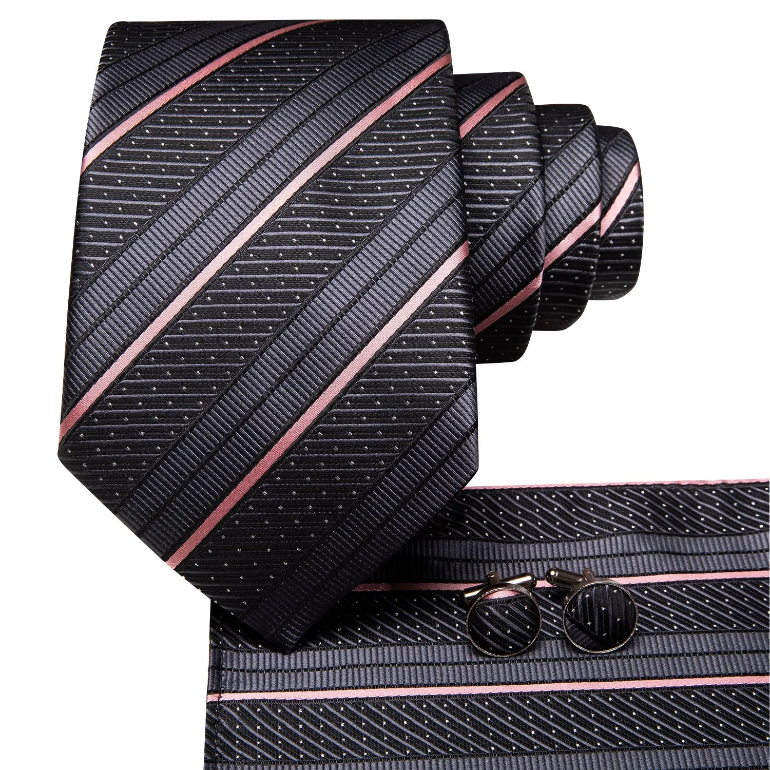 Hi-Tie Grey Pink Stripe White Dot Necktie Pocket Square Cufflinks Set