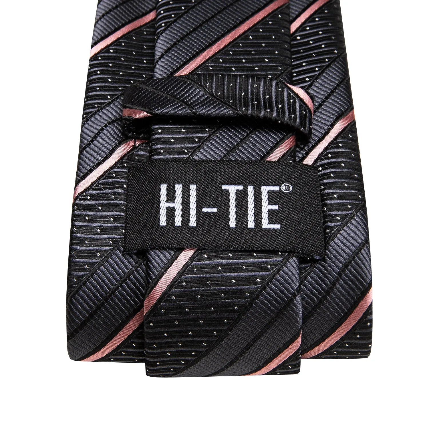 Hi-Tie Grey Pink Stripe White Dot Necktie Pocket Square Cufflinks Set