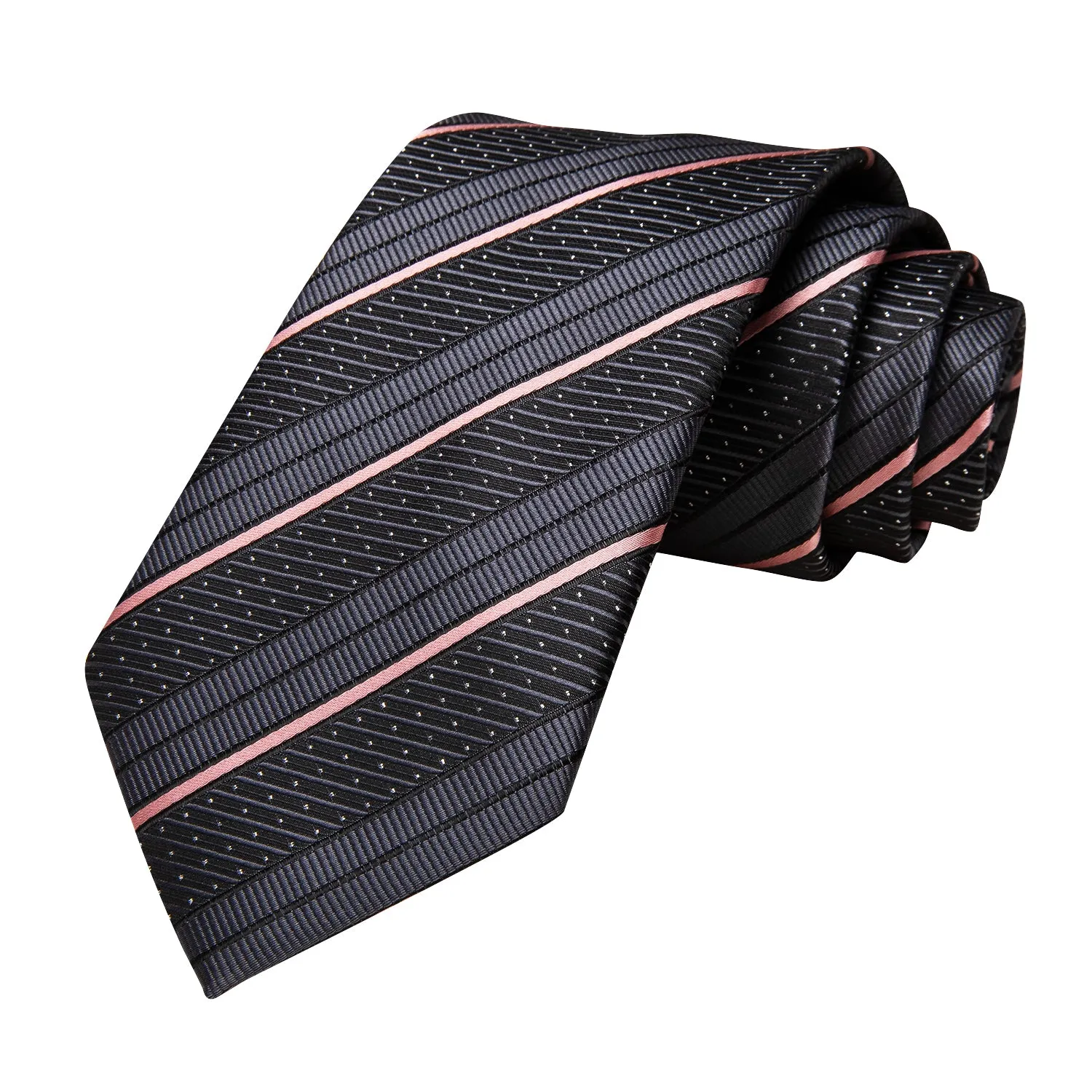 Hi-Tie Grey Pink Stripe White Dot Necktie Pocket Square Cufflinks Set