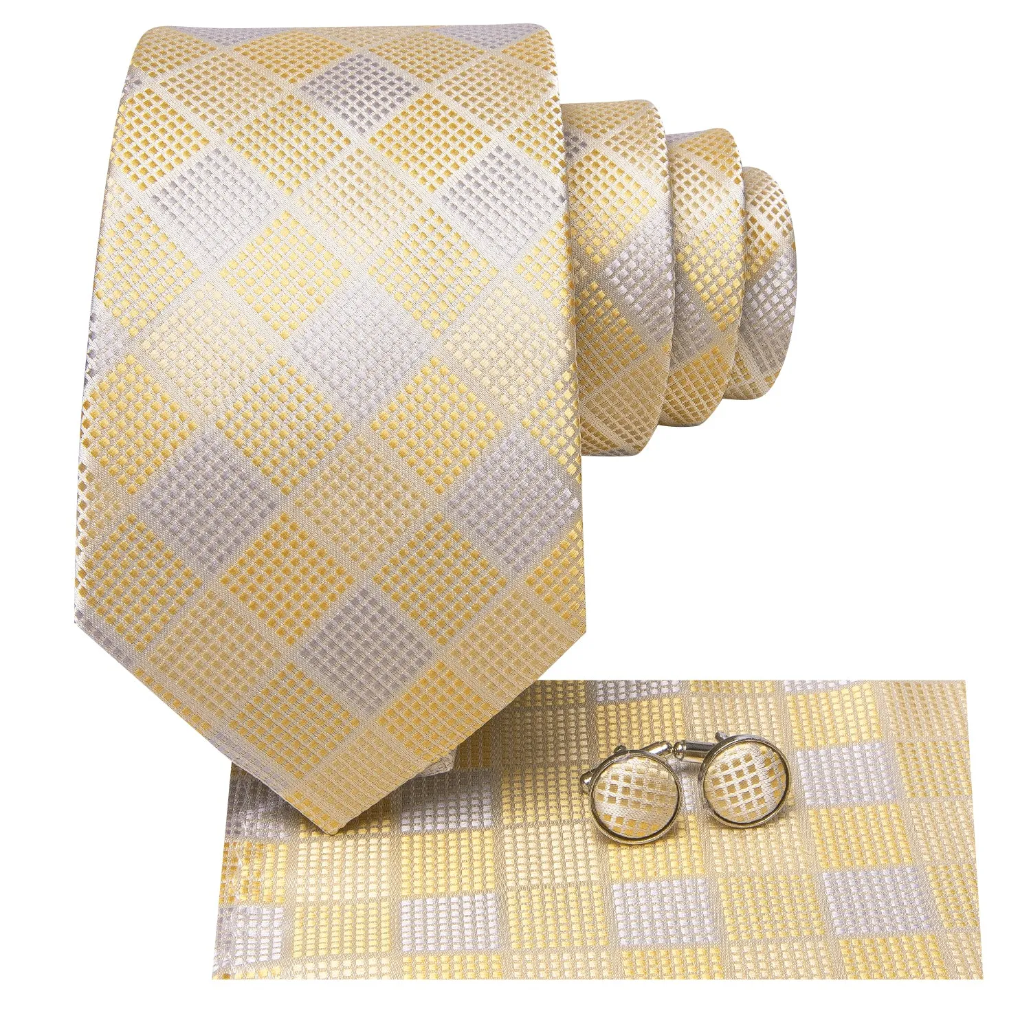 Hi-Tie Light Yellow White Plaid Men's Tie Pocket Square Cufflinks Set
