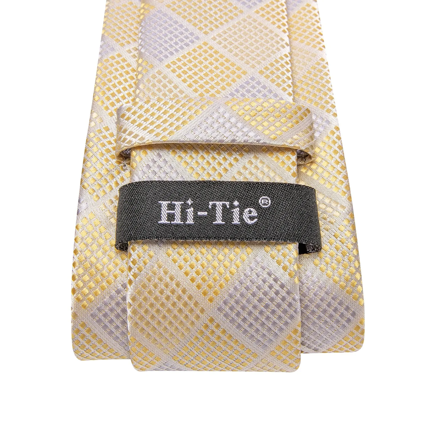 Hi-Tie Light Yellow White Plaid Men's Tie Pocket Square Cufflinks Set