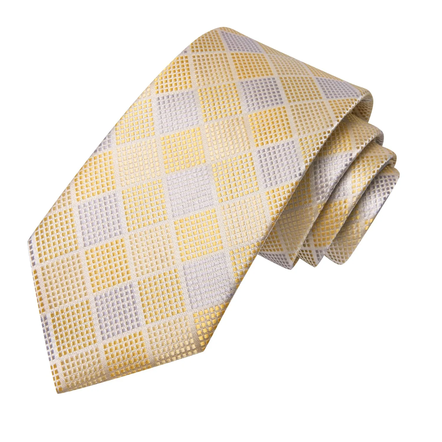 Hi-Tie Light Yellow White Plaid Men's Tie Pocket Square Cufflinks Set