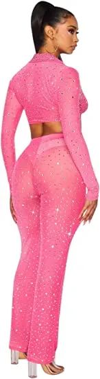 Hot & Delicious Women's Sheer Rhinestone Mesh Pants