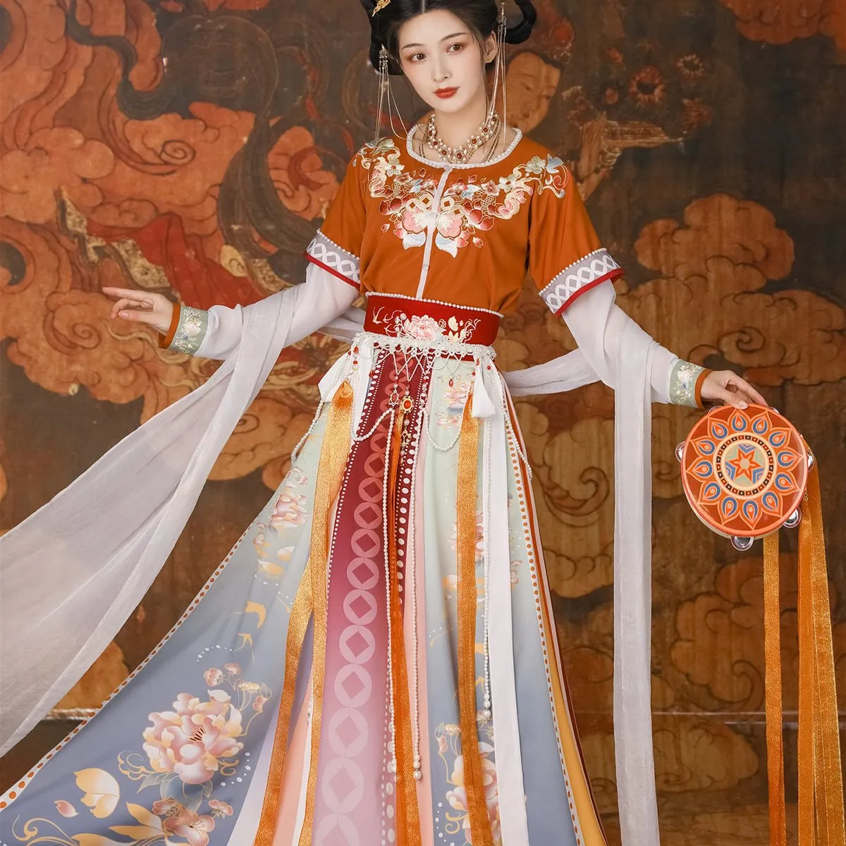 Orange Multicolor Hanfu Three Piece Set