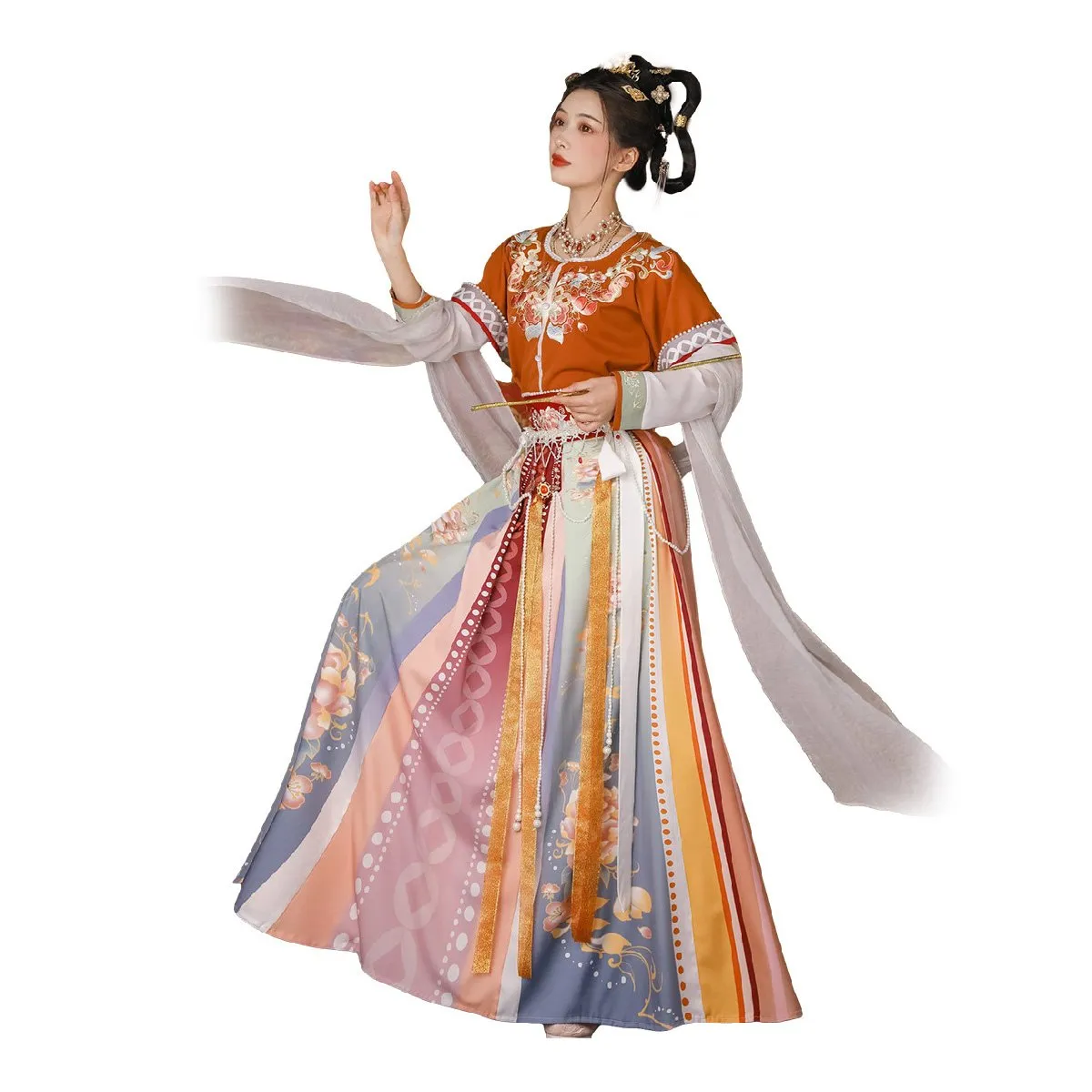 Orange Multicolor Hanfu Three Piece Set