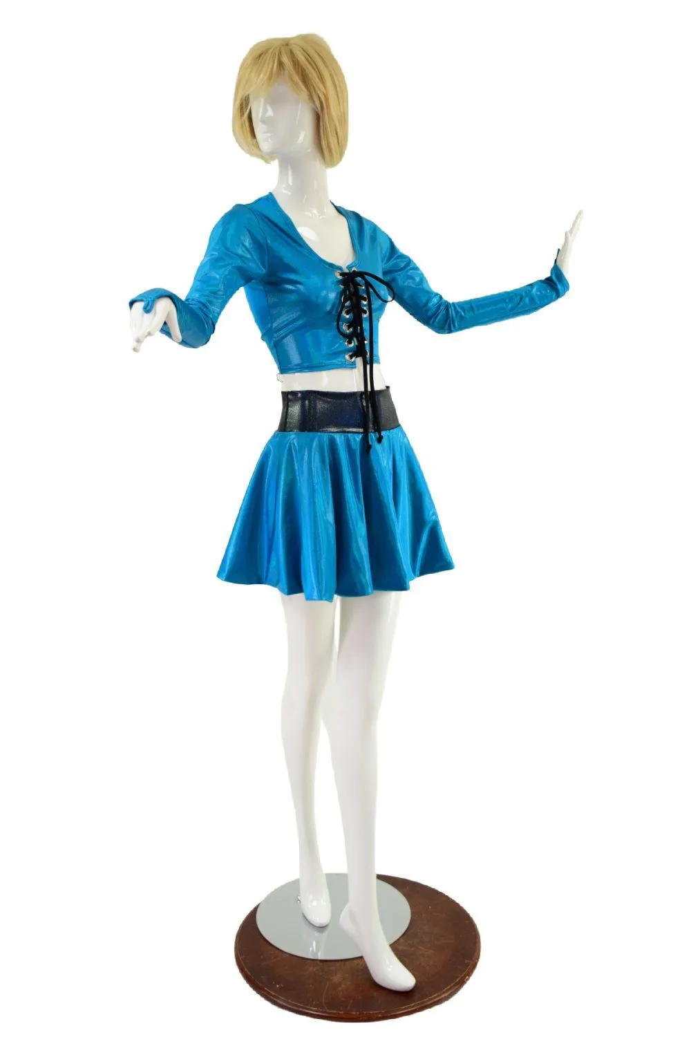 Peacock Blue Lace Up Crop Top & Flip Skirt Set