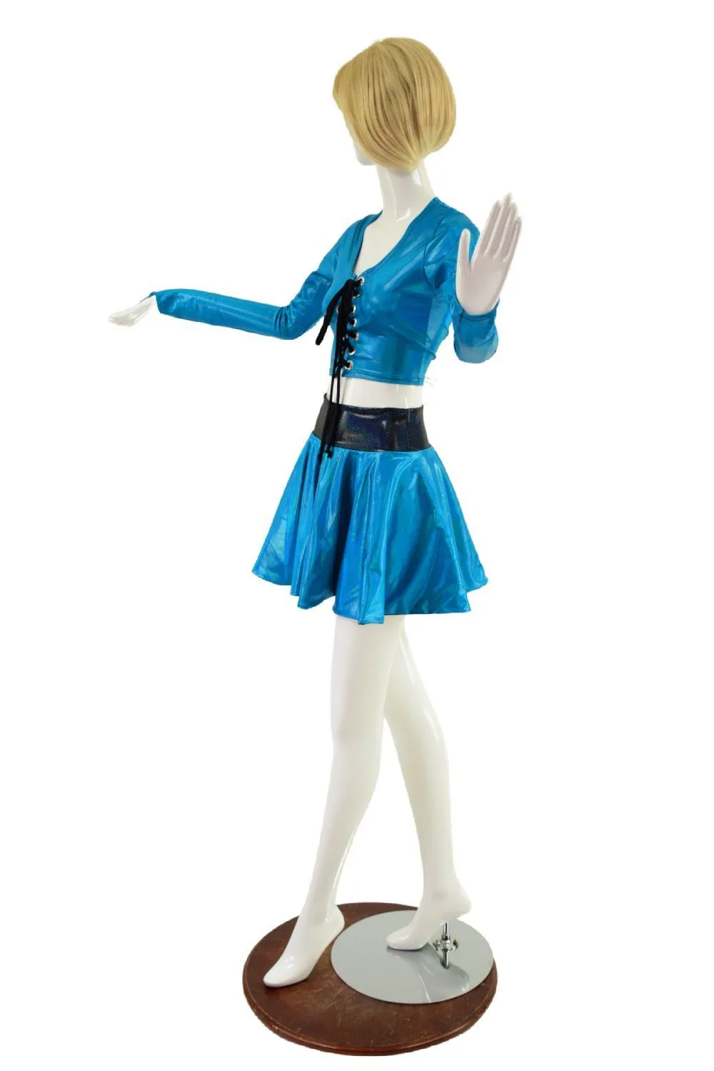 Peacock Blue Lace Up Crop Top & Flip Skirt Set