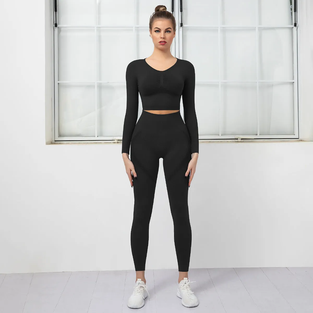 Seamless Knitted Chest-Closing Hip-Lifting Yoga Suit Women's Sports Running Workout Long Sleeve Cropped Pants Two-Piece Suit