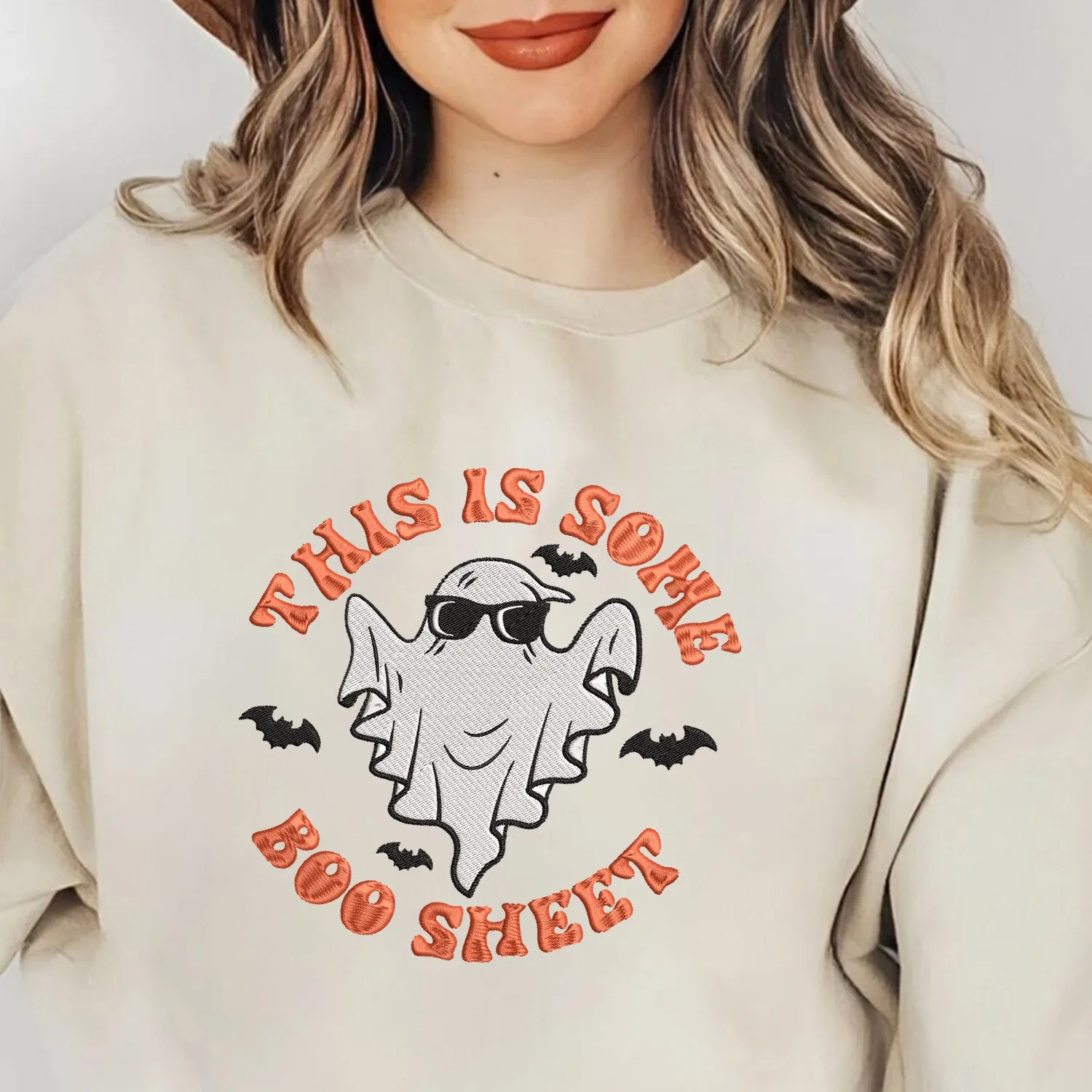 Teesdily | Halloween Ghost Boo Embroidered Shirt, This Is Some Boo Sheet Embroidery Sweatshirt, Funny Boo Sheet Bat T-shirt, Halloween Holiday Gifts