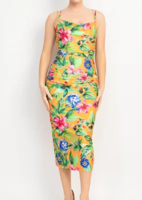 TROPICAL PARADISE ORANGE COWL NECK MIDI DRESS