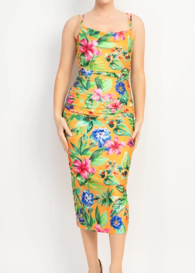 TROPICAL PARADISE ORANGE COWL NECK MIDI DRESS