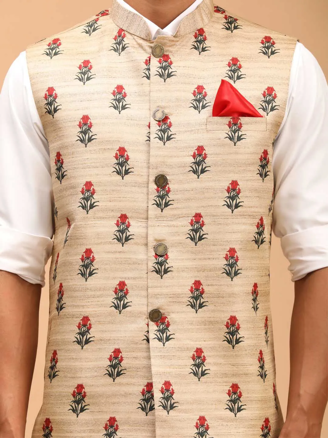 VASTRAMAY Beige Rose Print Silk Nehru Jacket