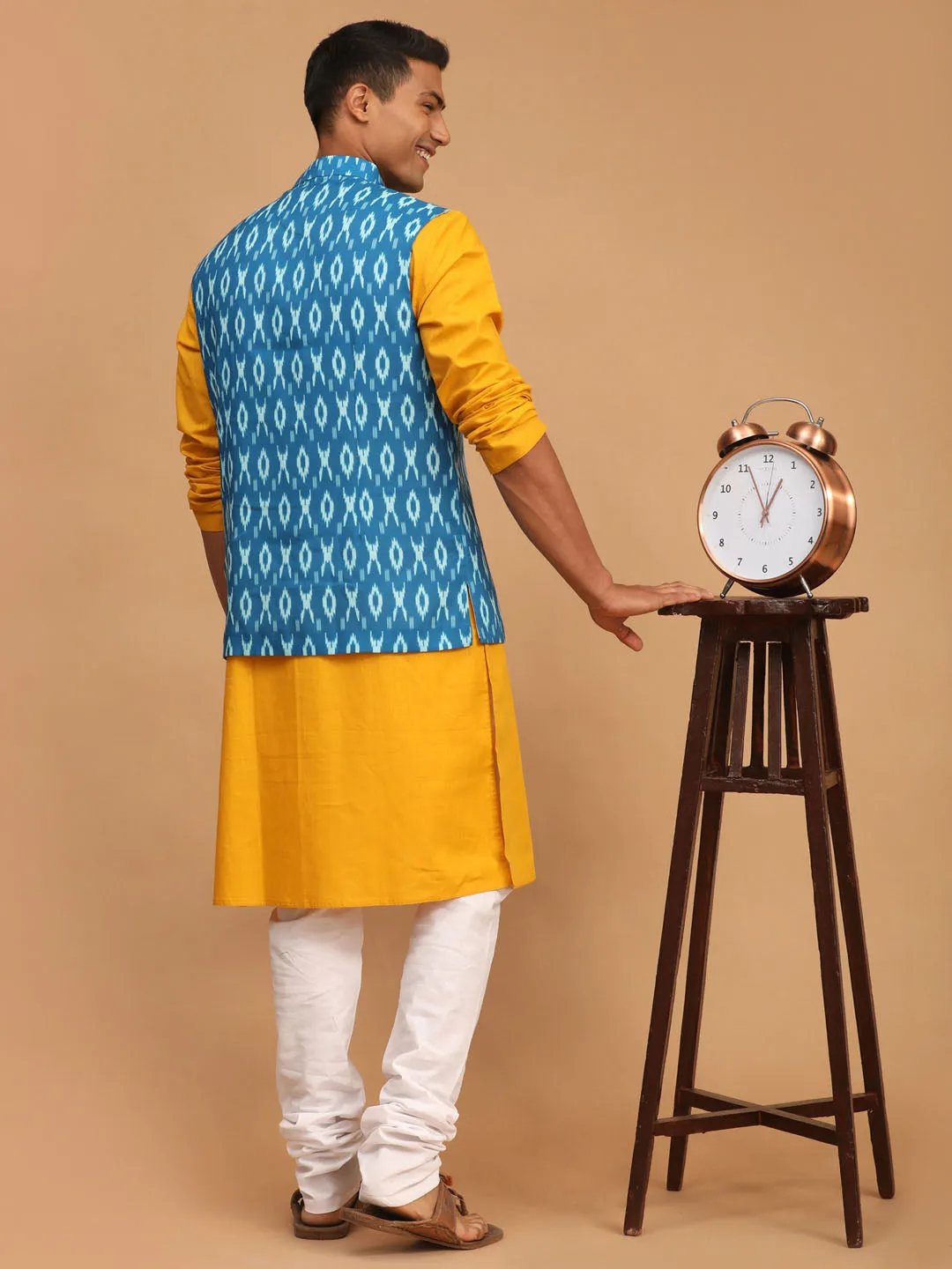 VASTRAMAY Turquoise Ikkat Nehru Jacket Kurta Set
