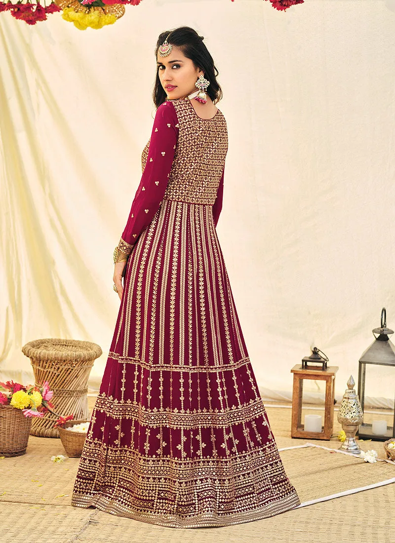 Wine Embroidered Georgette Indian Anarkali