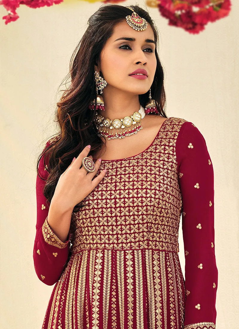 Wine Embroidered Georgette Indian Anarkali